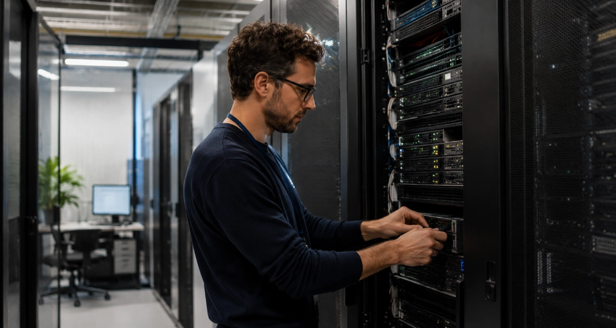IT-tekniker udfører serverdrift i moderne datacenter